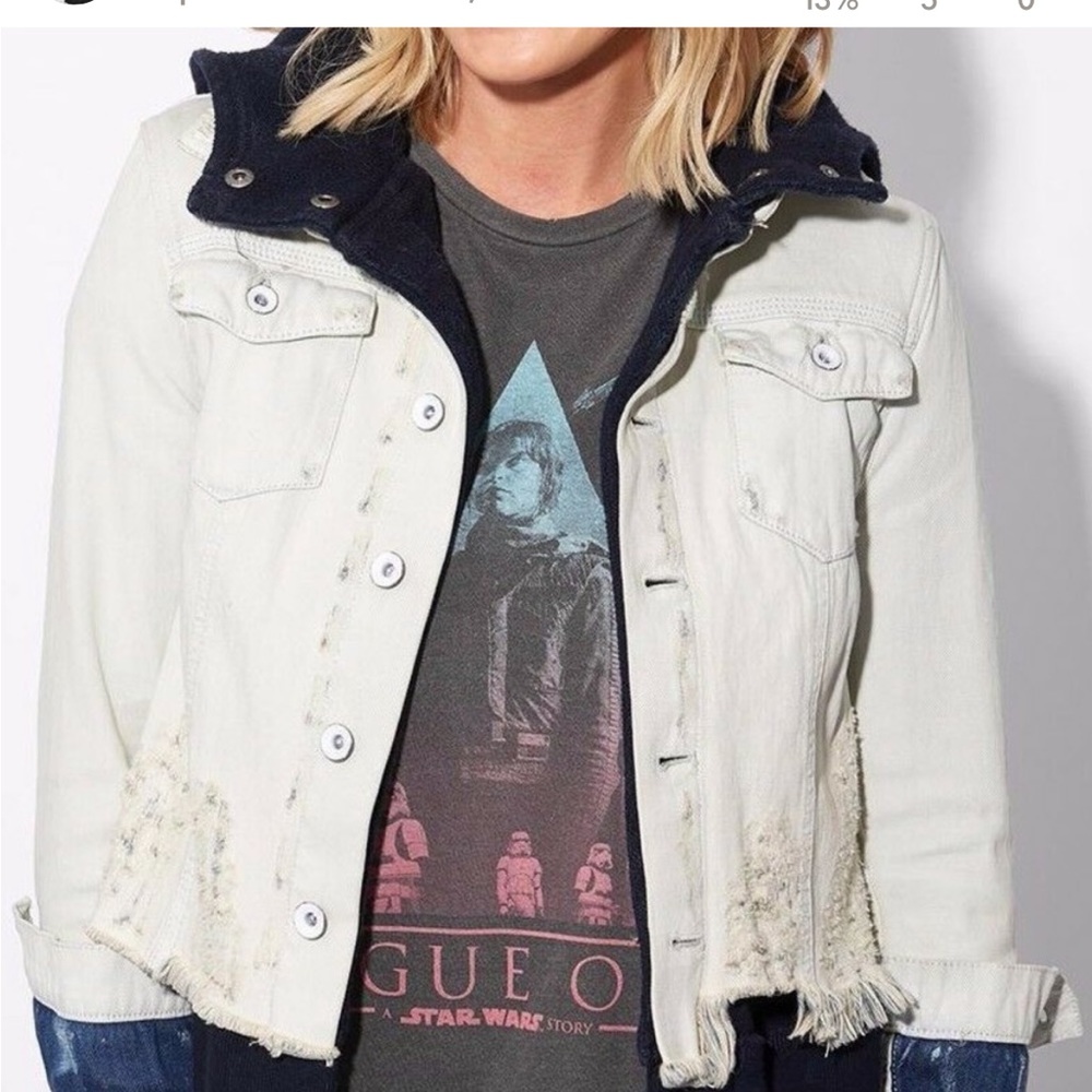 Free People Distressed Jean Jacket with Sweatshirt Lining and Hood - Size Large
